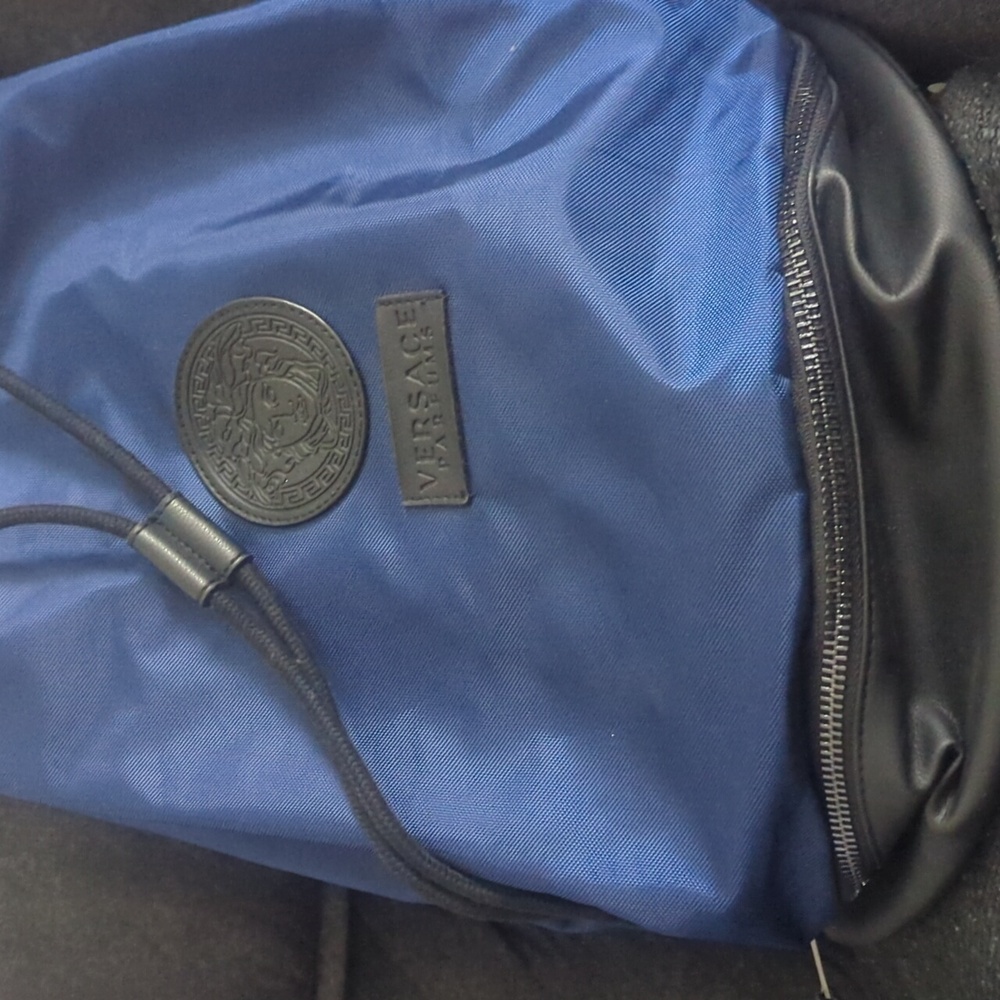 NEW Versace Backpack Navy Blue Drawstring Perfume Bucket Bag
